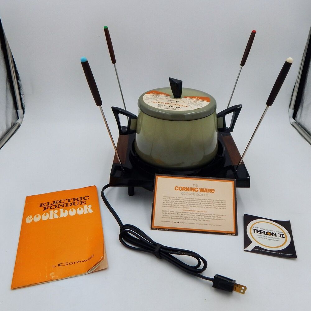 Cornwall Electric Fondue Pot Forks Model 5291 Vintage Retro Avocado Green Works